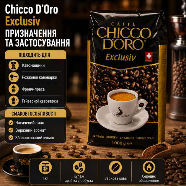 Зерновой кофе Chicco d'Oro Exclusiv 1 кг натуральный купаж арабики и робусты средней обжарки - Фото 2 Зерновой кофе Chicco d'Oro Exclusiv 1 кг натуральный купаж арабики и робусты средней обжарки - изображение 2