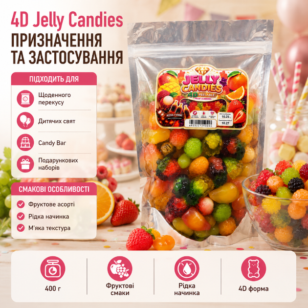 Желейные конфеты 4D Jelly Candies Peelable Fruit Gummies 400 г жевательный мармелад с жидкой начинкой в форме фруктов - изображение 2