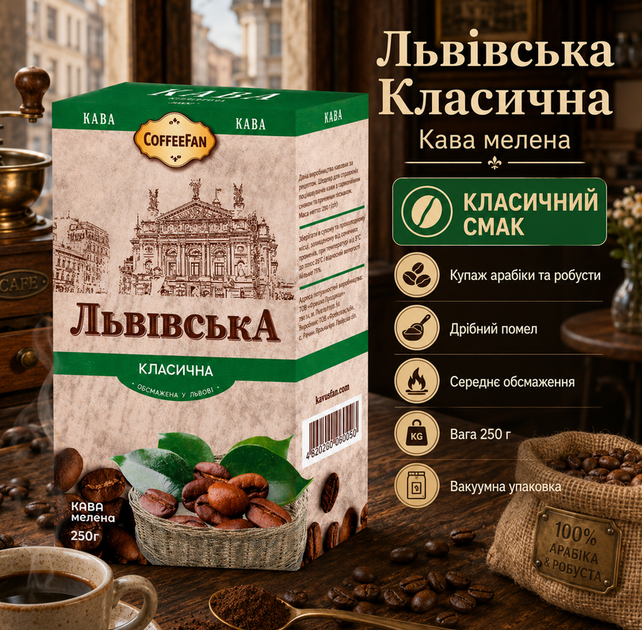 Кава мелена CaffeeFan Львівська Класична 250 г натуральна купаж арабіка робуста дрібний помел - Фото 1 Кава мелена CaffeeFan Львівська Класична 250 г натуральна купаж арабіка робуста дрібний помел - зображення 1
