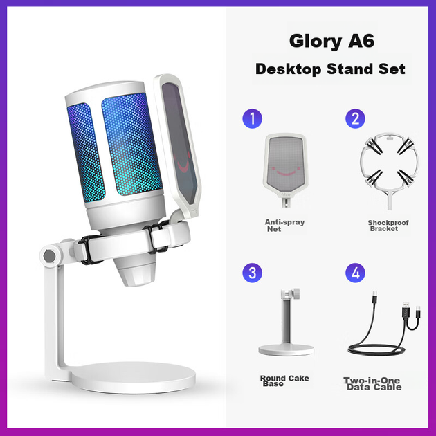 Микрофон FIFINE, USB, для компьютера, игр, прямых трансляций и записи, с RGB-подсветкой, шумоподавлением для мобильного видео, профессиональный микрофон для ноутбука и настольного компьютера, формат A6, белый. - изображение 5