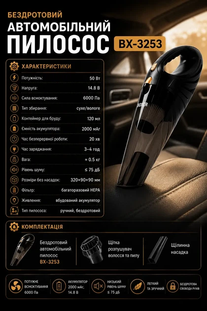 Бездротовий автомобільний пилосос BX-3253 - зображення 2