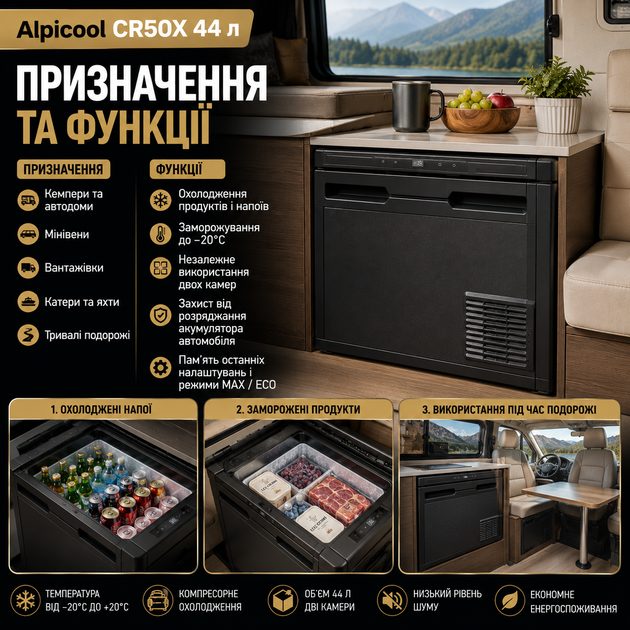 Автохолодильник компрессорный Alpicool CR50X 44 л 12V 24V двухкамерный до минус 20 градусов встраиваемый с ЖК дисплеем черный - изображение 2