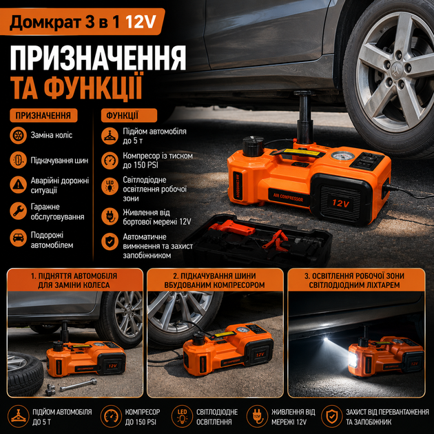 Электрический домкрат для автомобиля 3 в 1 12V 5 т с компрессором светодиодным фонарем и кейсом для автомобиля - изображение 2