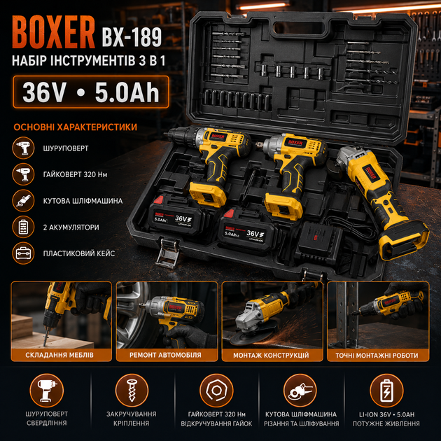 Набор аккумуляторных инструментов BOXER BX189 3в1 36 В 5 Ач с двумя аккумуляторами шуруповерт ударный гайковерт болгарка в кейсе - изображение 2
