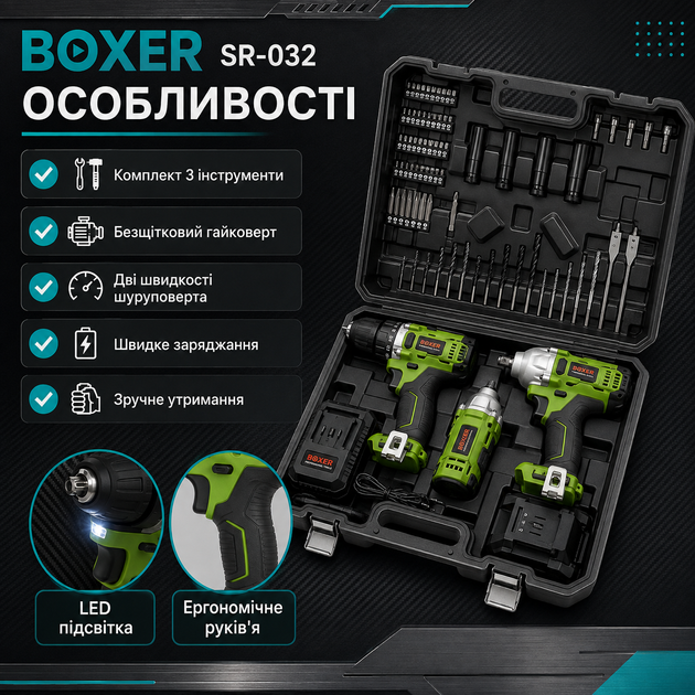 Набор аккумуляторных инструментов BOXER SR032 3в1 24 В с двумя аккумуляторами шуруповерт дрель ударный гайковерт аккумуляторная отвертка в кейсе - изображение 4