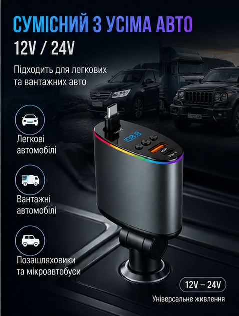 FM трансмиттер для автомобіля з LED-дисплеєм та вбудованим кабелем Type-C і USB-портом зі швидкою зарядкою 3 А - зображення 8