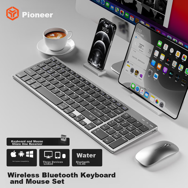 Беспроводной комплект клавиатуры и мыши EWEADN, бесшумный, Bluetooth, двухрежимный, для ноутбука и ПК, ультратонкий, 102 клавиши, перезаряжаемый - изображение 4