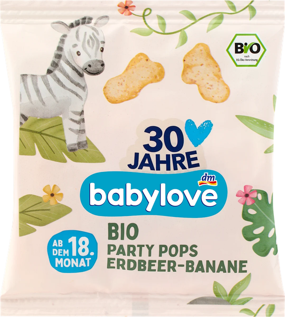 Органічні кукурудзяні снеки Babylove Party Pops зі смаком полуниці та банана, 20 г - Фото 1 Органічні кукурудзяні снеки Babylove Party Pops зі смаком полуниці та банана, 20 г - изображение 1