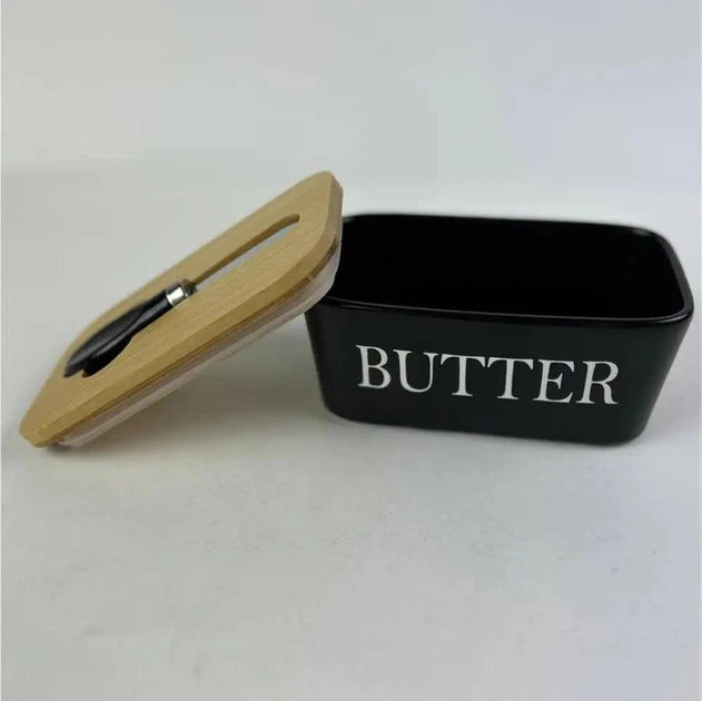 Масленка керамическая для масла с крышкой и ножом "Butter", 500 мл, Черный - изображение 6