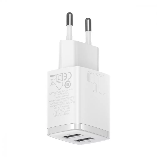 Мережевий зарядний пристрій Baseus Compact 10.5Вт 2×USB-A White (CCXJ010202) - Фото 3 Мережевий зарядний пристрій Baseus Compact 10.5Вт 2×USB-A White (CCXJ010202) - зображення 3