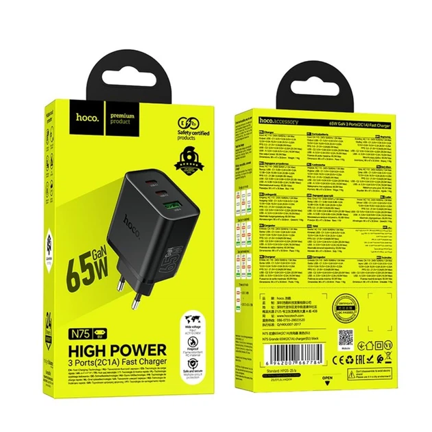 Сетевое зарядное устройство Hoco N75 2x USB-C + USB-A QC3.0 PD 65W Black (6942007673839) - изображение 9