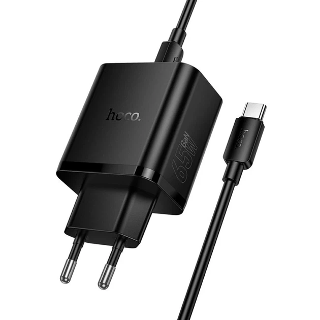 Сетевое зарядное устройство Hoco N75 2x USB-C + USB-A QC3.0 PD 65W + кабель USB-C Black (6942007673846) - изображение 3