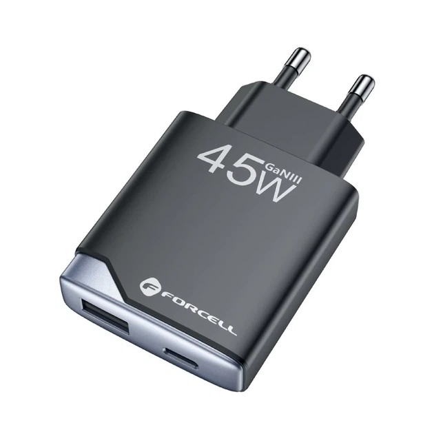 Зарядное устройство Forcell F-Energy Ultra Slim GaN III USB C + USB A PD QC4.0 3A 45W Black (5903396397837) - изображение 2