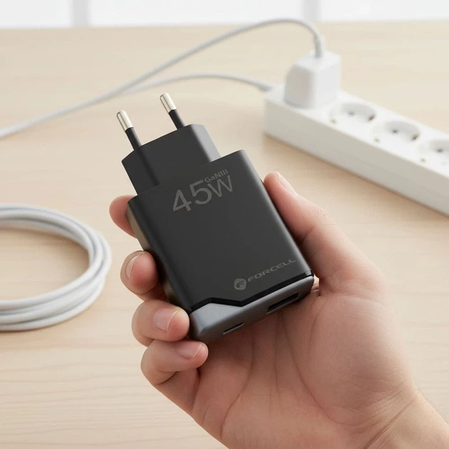 Зарядное устройство Forcell F-Energy Ultra Slim GaN III USB C + USB A PD QC4.0 3A 45W Black (5903396397837) - изображение 3