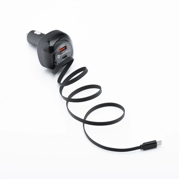 Автомобильное зарядное устройство Forcell F-Energy Alu USB C + USB A + выдвижной кабель USB C PD QC4.0 SFC2.0 3A 75W Black (5903396387470) - изображение 3