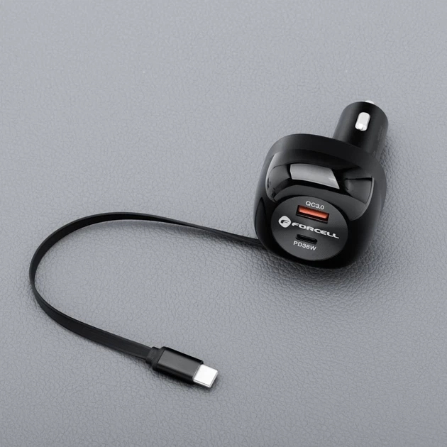 Автомобильное зарядное устройство Forcell F-Energy Alu USB C + USB A + выдвижной кабель USB C PD QC4.0 SFC2.0 3A 75W Black (5903396387470) - изображение 8