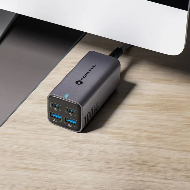 Зарядное устройство Forcell F-Energy GaN III 2 x USB C + 2 x USB A QC4.0 PD 5A 100W Grey (5903396299094) - изображение 2