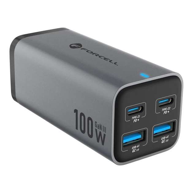 Зарядное устройство Forcell F-Energy GaN III 2 x USB C + 2 x USB A QC4.0 PD 5A 100W Grey (5903396299094) - изображение 4