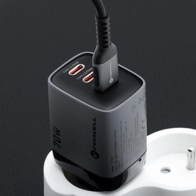 Зарядное устройство Forcell F-Energy GaN III 2 x USB C + USB A QC4.0 3,45A PD 70W Grey (5903396299070) - изображение 8