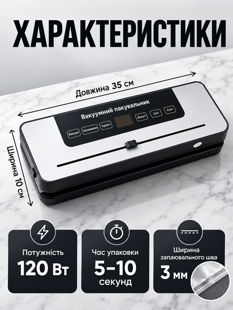 Вакууматор автоматичний 120W з LCD дисплеєм, УФ-стерилізацією та різаком, вакуумний пакувальник для сухих і вологих продуктів - изображение 4
