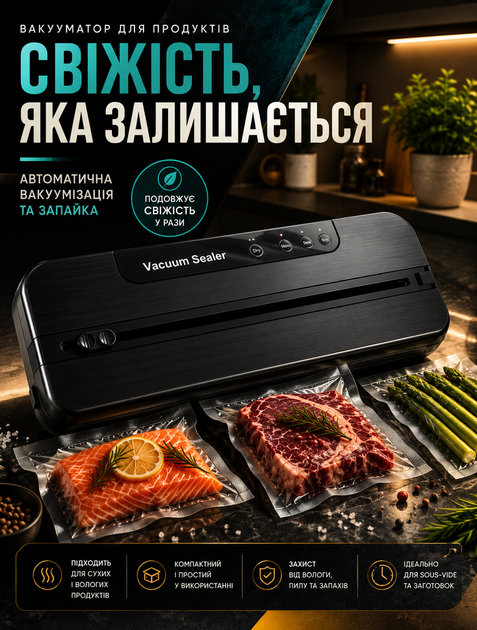 Автоматический вакууматор для продуктов для домашнего использования с технологией су-вид и двумя режимами мощностью 100–110 Вт вакуум 60–85 кПа ширина запайки 30 см - изображение 2