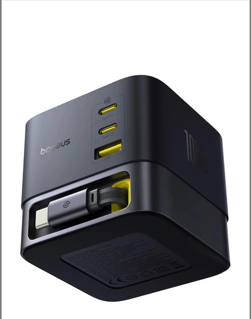 Мережевий зарядний пристрій Baseus Super GaN Desktop Charger 100W 3×USB-C USB-A вбудований кабель Type-C Black - изображение 3