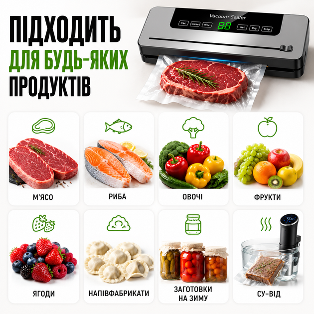 Вакууматор бытовой автоматический с дисплеем УФ стерилизацией резаком 120 Вт вакуумный упаковщик для хранения на зиму продуктов еды сухих и влажных мяса рыбы овощей для дома кухни заготовок морозилки зелени фруктов сыра - изображение 3