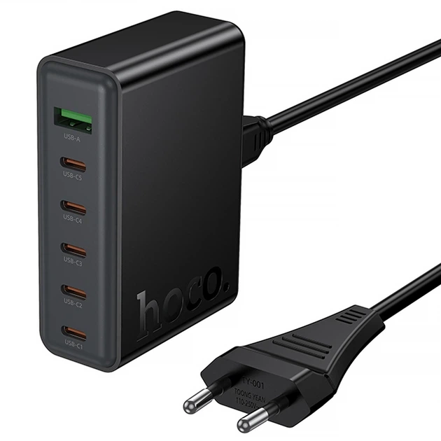 Сетевое зарядное устройство HOCO C152A Modern PD70W 6-in-1 5 Type-C 1 USB-A с кабелем Черный - изображение 3