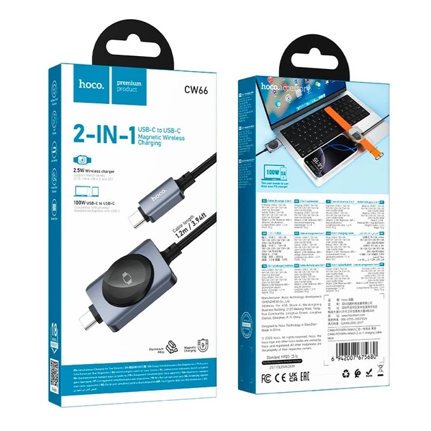 Беспроводное зарядное устройство HOCO CW66 2-in-1 Type-C to iWatch / Type-C PD100W с магнитной зарядкой для Apple Watch 1.2 м Черный - изображение 7
