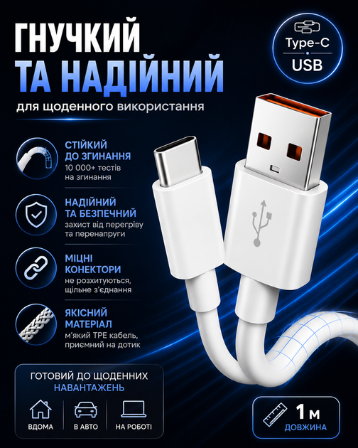 Кабель быстрой зарядки USB Type C 6A до 66W шнур зарядный тайп си юсб для телефона смартфона планшета Samsung Xiaomi Huawei Realme Google Android провод для зарядки синхронизации передачи данных белый прочный 1 м - изображение 4
