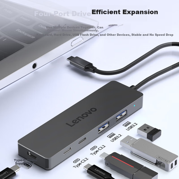 Хаб Lenovo Type-C 4 в 1 USB 3.2 для ноутбука та настільного комп'ютера - Фото 4 Хаб Lenovo Type-C 4 в 1 USB 3.2 для ноутбука та настільного комп'ютера - зображення 4