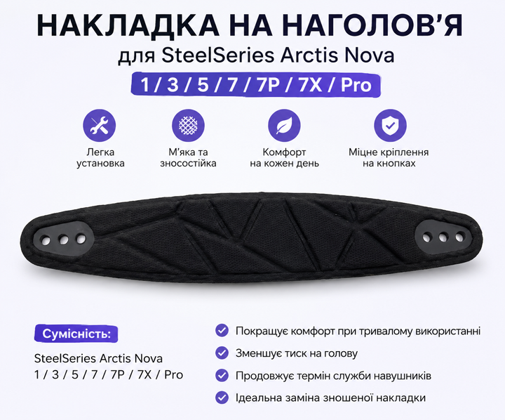 Накладка на оголовье наушников SteelSeries Arctis Nova 1, 3, 5, 7, 7P, 7X, Pro black черный - изображение 3