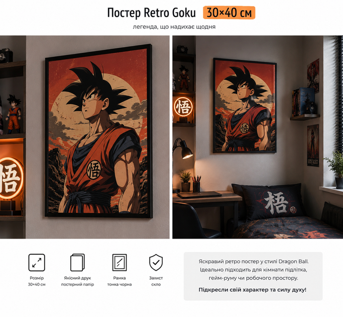 Постер 30х40см у рамці зі склом Retro Goku Dragon Ball - зображення 2