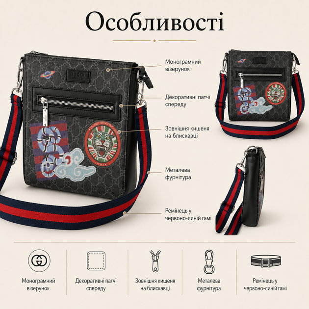 Сумка в стиле Gucci x Supreme черная 23×21×5 см - мессенджер через плечо с ремешком и брюшком в комплекте - Фото 4 Сумка в стиле Gucci x Supreme черная 23×21×5 см - мессенджер через плечо с ремешком и брюшком в комплекте - изображение 4