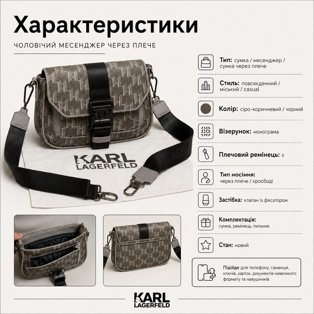 Мужская сумка в стиле Karl Lagerfeld серая - мессенджер через плечо с монограммой, ремешком и бификом в комплекте - изображение 5