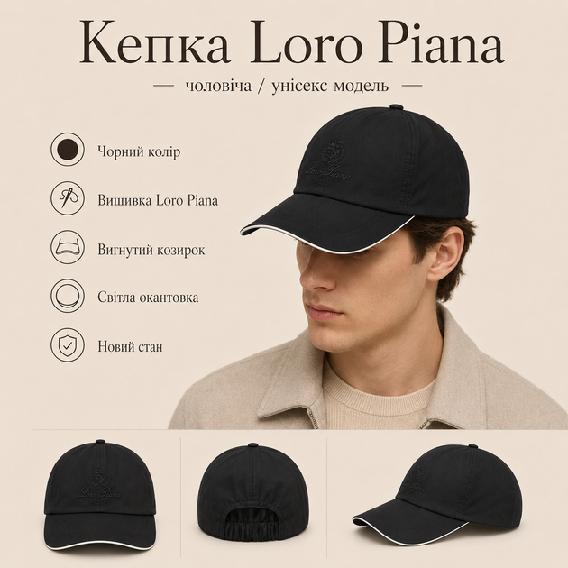 Кепка Loro Piana черная унисекс - бейсболка Лоро Пиана с вышивкой, эластичной вставкой и бирками - изображение 3