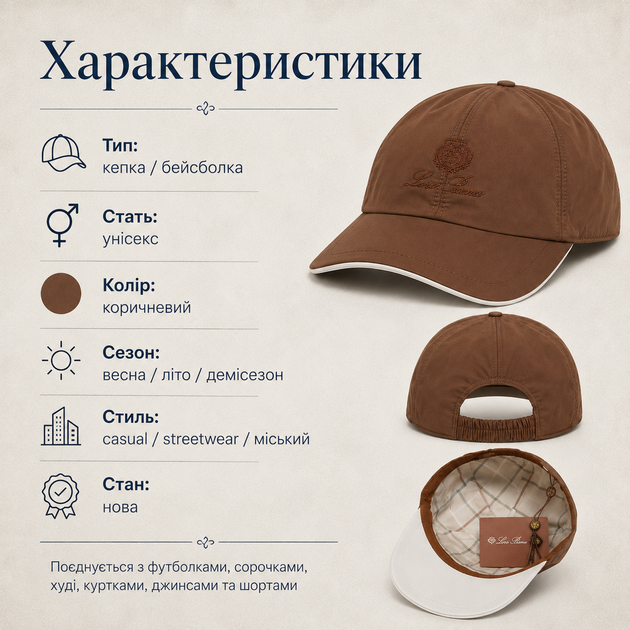 Кепка Loro Piana коричневая унисекс - бейсболка Лоро Пиана с вышивкой, эластичной вставкой и бирками - Фото 2 Кепка Loro Piana коричневая унисекс - бейсболка Лоро Пиана с вышивкой, эластичной вставкой и бирками - изображение 2