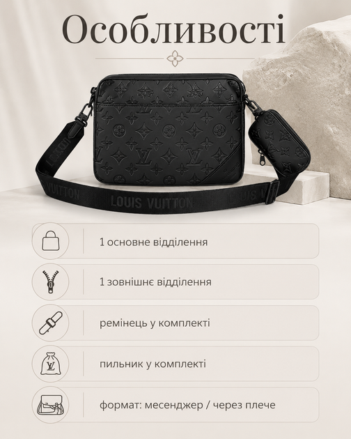 Сумка в стиле Louis Vuitton черная 25×18×5 см - мессенджер через плечо из экокожи, брюшком и ремешком в комплекте - Фото 3 Сумка в стиле Louis Vuitton черная 25×18×5 см - мессенджер через плечо из экокожи, брюшком и ремешком в комплекте - изображение 3