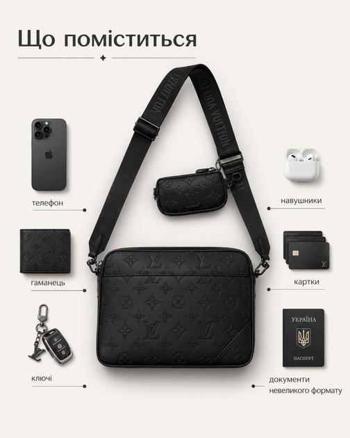 Сумка в стиле Louis Vuitton черная 25×18×5 см - мессенджер через плечо из экокожи, брюшком и ремешком в комплекте - Фото 5 Сумка в стиле Louis Vuitton черная 25×18×5 см - мессенджер через плечо из экокожи, брюшком и ремешком в комплекте - изображение 5