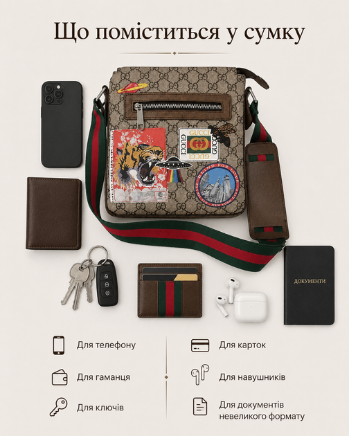 Сумка Gucci x Supreme Soft GG Messenger мужская - мессенджер через плечо с принтом GG, патчами и ремешком, 25х22х6 см - изображение 4