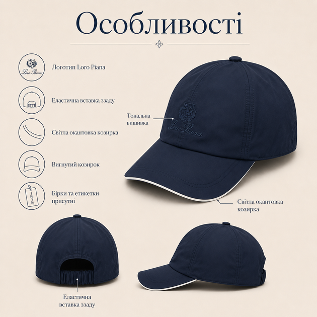 Кепка Loro Piana темно-синяя унисекс - бейсболка Лоро Пиана с вышивкой, эластичной вставкой и бирками - изображение 4