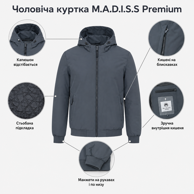 Куртка M.a.d.i.s.s. чоловіча демісезонна великих розмірів з капюшоном,Графіт, 4XL - Фото 8 Куртка M.a.d.i.s.s. чоловіча демісезонна великих розмірів з капюшоном,Графіт, 4XL - зображення 8