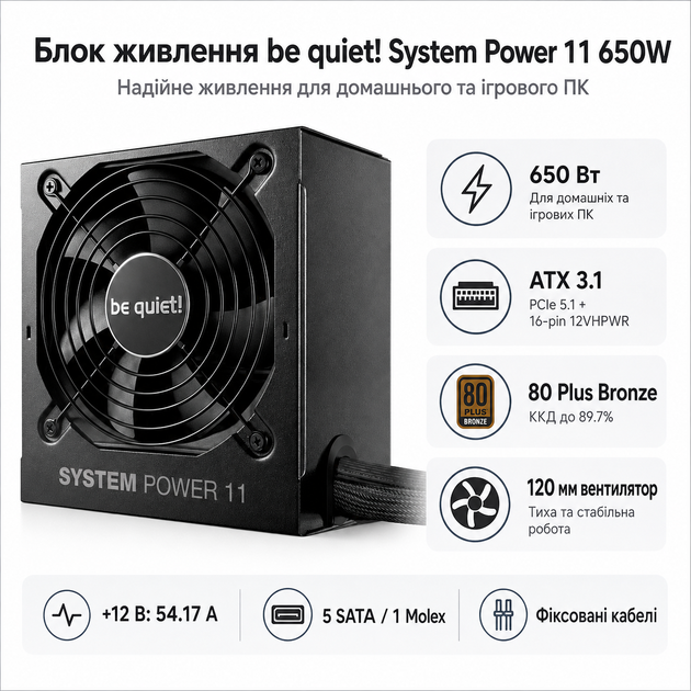 Блок питания be quiet! System Power 11 650W ATX 3.1 вентилятор 120 мм Black (BP011EU) - Фото 1 Блок питания be quiet! System Power 11 650W ATX 3.1 вентилятор 120 мм Black (BP011EU) - изображение 1
