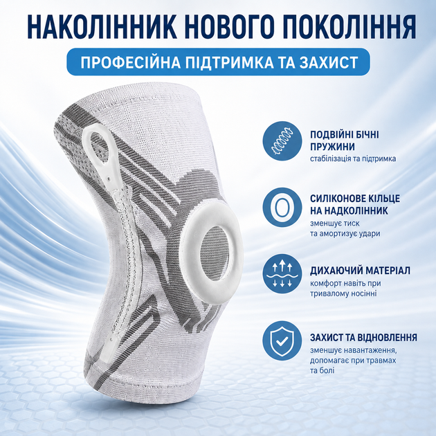 Наколенник XXL серый компрессионный для колена, фиксатор коленного сустава с боковыми пружинами и силиконовым кольцом, спортивный бандаж - Фото 3 Наколенник XXL серый компрессионный для колена, фиксатор коленного сустава с боковыми пружинами и силиконовым кольцом, спортивный бандаж - изображение 3