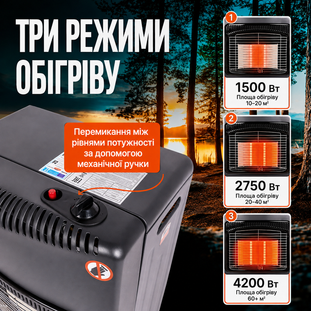 Газовий обігрівач керамічний 4,2 кВт з активним захистом, редуктором і шлангом, автономний конвектор для дому та гаража - изображение 2