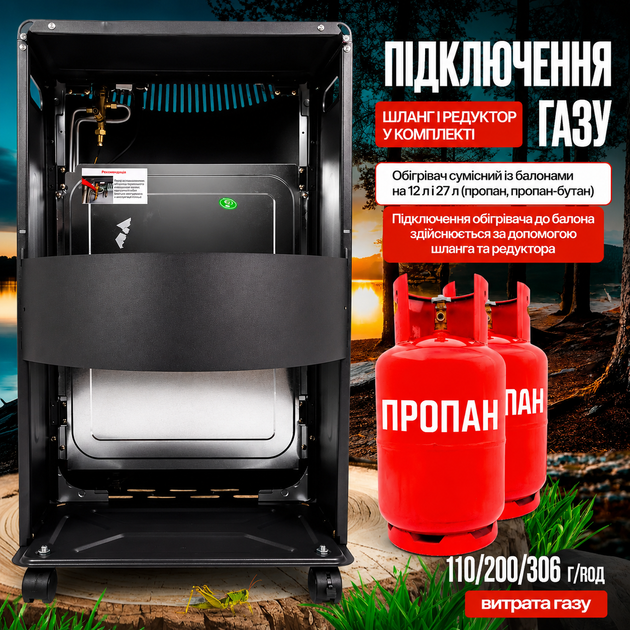 Газовий обігрівач керамічний 4,2 кВт з активним захистом, редуктором і шлангом, автономний конвектор для дому та гаража - изображение 3