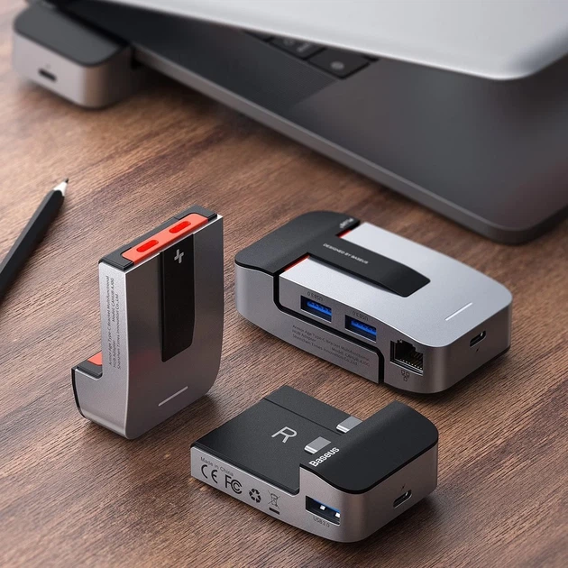 USB-хаб Baseus Multifunctional Armor Age Bracket USB-C - HDMI/3хUSB-A/3хUSB-C/Ethernet/3.5 mm Jack (CAHUB-AJ0G) - Фото 7 USB-хаб Baseus Multifunctional Armor Age Bracket USB-C - HDMI/3хUSB-A/3хUSB-C/Ethernet/3.5 mm Jack (CAHUB-AJ0G) - изображение 7