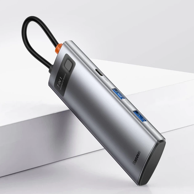 USB-хаб Baseus Metal Gleam Multifunctional 7-in-1 USB-C to 2xUSB-A/2xUSB-C/HDMI/SD/TF Grey (WKWG020113) - зображення 10