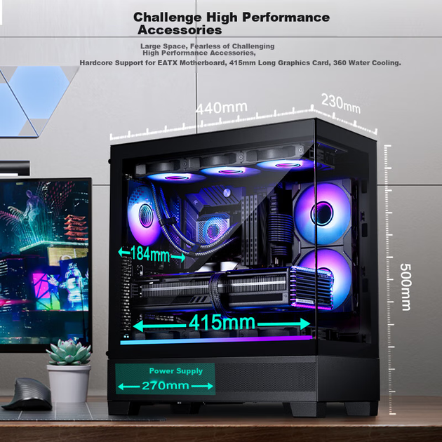 Корпус для материнской платы PHANTEKS XT523 View Black Sea View Tempered Glass Full View TX для настольного компьютера (боковая подсветка ARGB/поддержка водяного охлаждения 360 мм/Type-C) - изображение 8