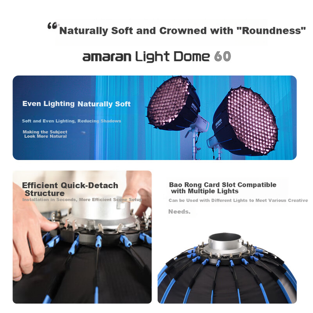 Софтбокс AMARAN Light Dome 60 із швидким встановленням та глибоким отвором, заповнююче світло для прямі трансляції фотографій, красуне світло, світло для керування сіткою - Фото 5 Софтбокс AMARAN Light Dome 60 із швидким встановленням та глибоким отвором, заповнююче світло для прямі трансляції фотографій, красуне світло, світло для керування сіткою - зображення 5